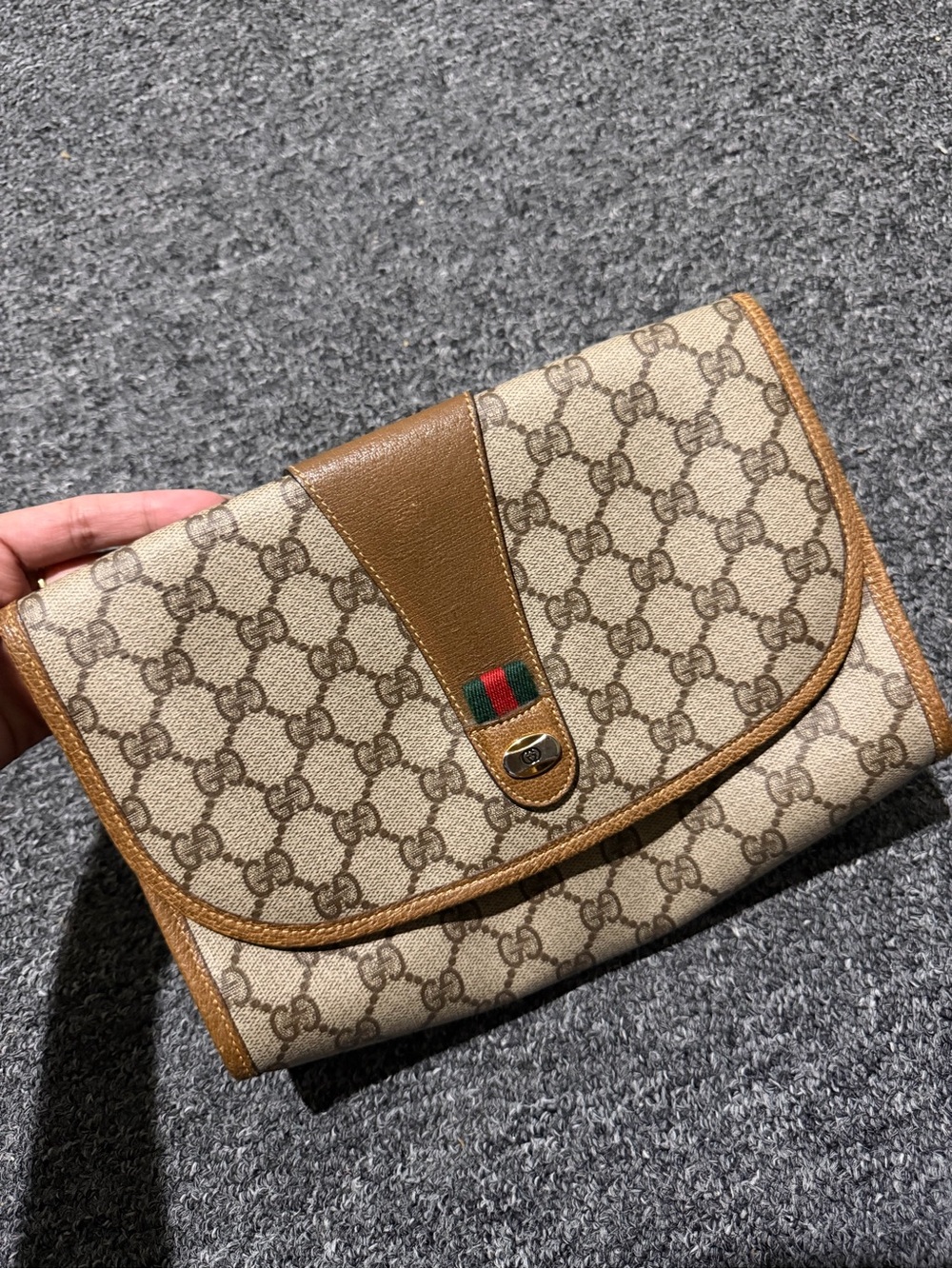 Gucci Beige GG Monogram Canvas Brown Leather Wristlet with Green-Red Web